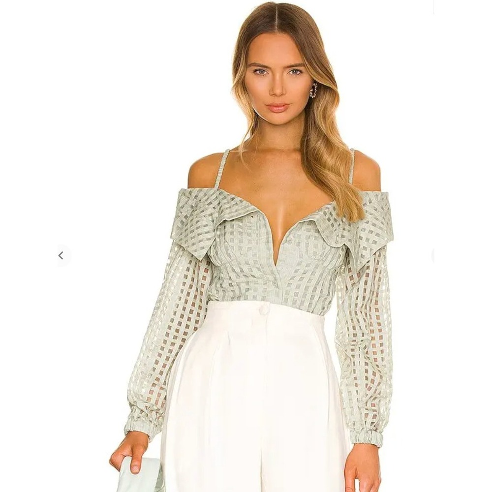 Jonathan Simkhai Celadon Grid Off Shoulder Button Front Top XS 122-2015-W New